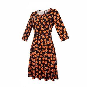 XS Navy Orange Floral Buttah Fabric Fit & Flare Zip Pocket Boho Graduation Dress